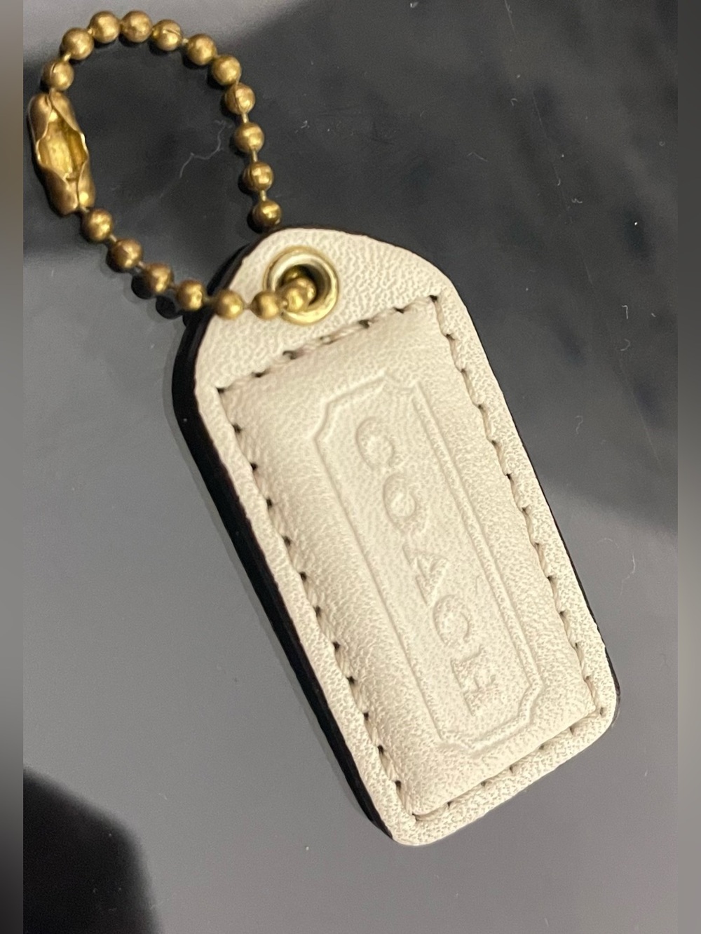 Coach Cream Leather Key Tag with Gold-Tone Ball Chain